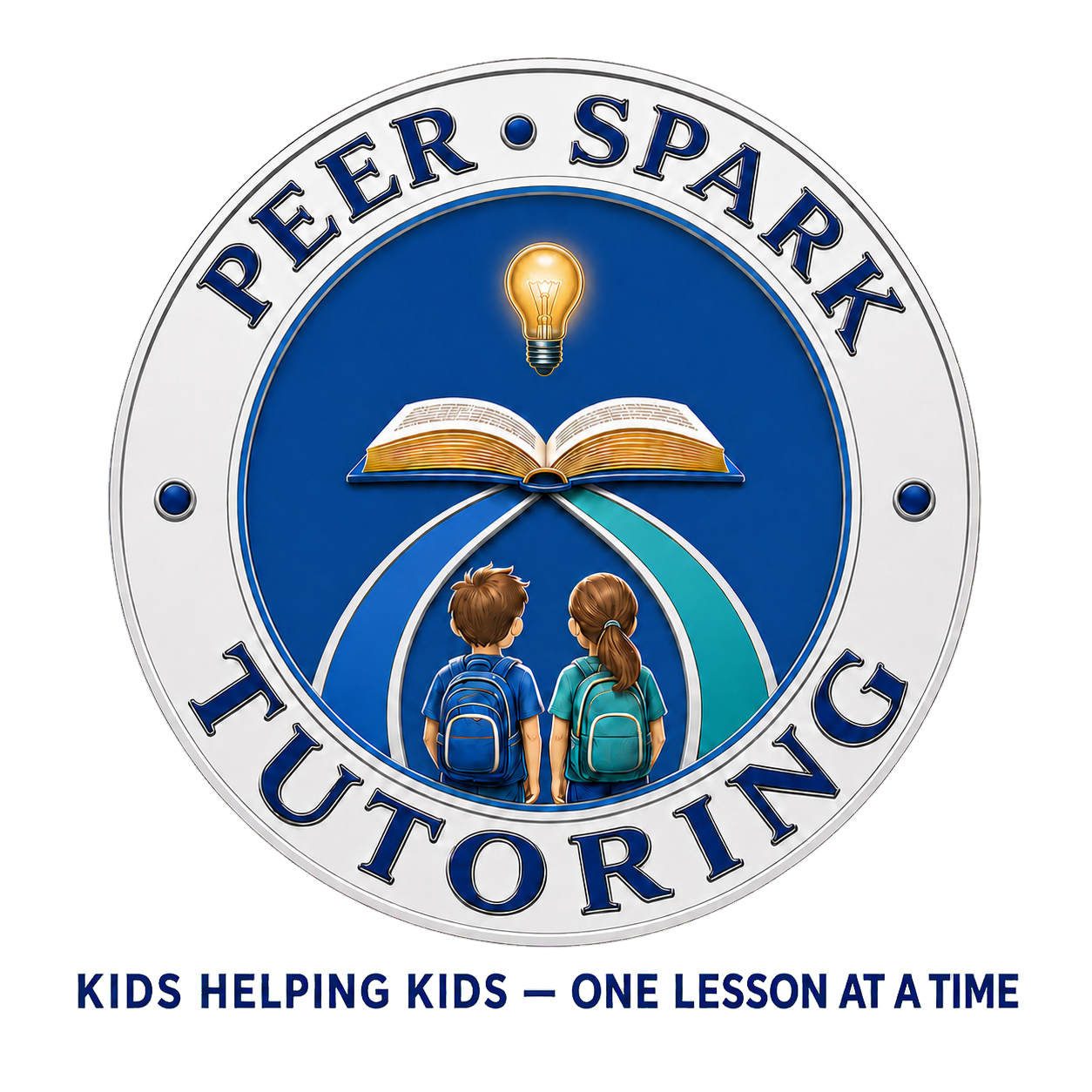 Peer Spark Tutoring medallion showing two students walking toward an open book and illuminated lightbulb